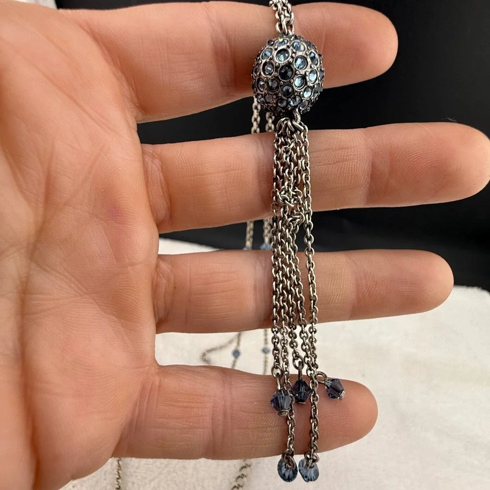 Touchstone Crystal Necklace Silver Blue Tassel Crystal Ball Station 32in